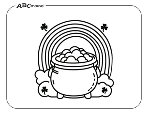 Free ABCmouse printable coloring page of St. Patrick's Day pot of gold under a rainbow. 