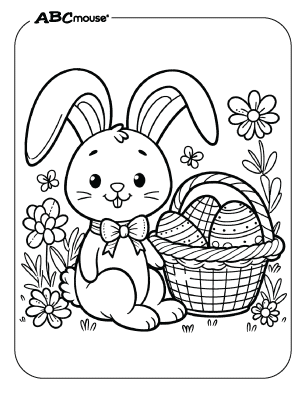 Free printable Easter bunny sitting next to an Easter basket coloring page from ABCmouse.com 