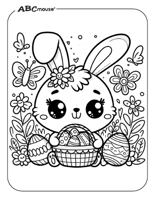 Free printable Easter bunny holding a basket coloring page from ABCmouse.com 