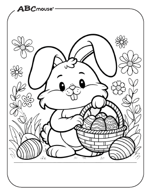 Free printable Easter bunny holding a basket coloring page from ABCmouse.com 
