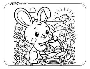 Free printable Easter bunny holding a basket coloring page from ABCmouse.com 