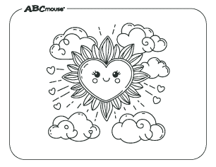 Free printable Valentines Day coloring page heart sunshine. 