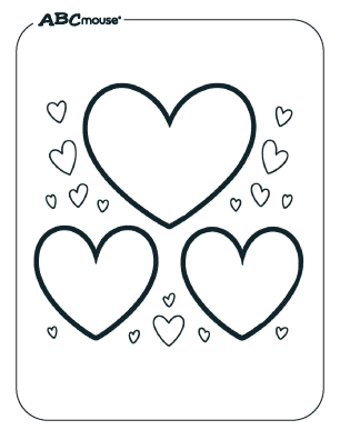 Free printable Valentines Day coloring page outline of hearts different sizes. 
