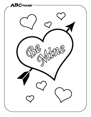 Free printable Valentines Day coloring page be mine heart with arrow through it. 