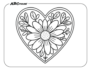 Free printable Valentines Day coloring page flower in a heart. 