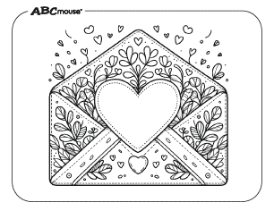 Free printable Valentines Day coloring page fancy heart envelope. 