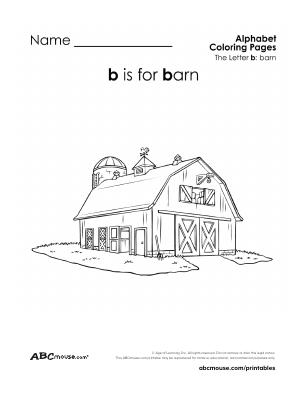 Free printable letter b is for barn coloring worksheet from ABCmouse.com. 