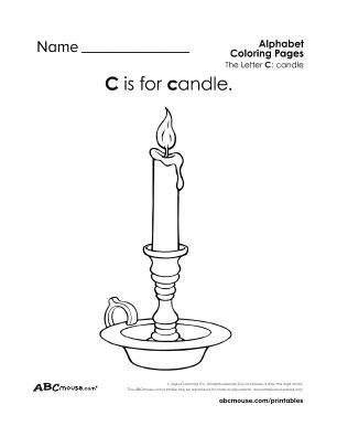 Free printable c is for candle coloring page worksheet from ABCmouse.com. 