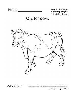 Free printable c is for cow coloring page worksheet from ABCmouse.com. 
