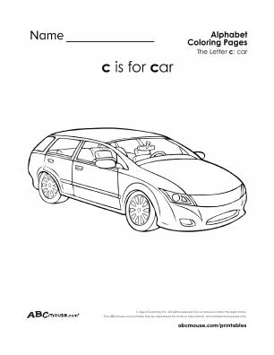 Free printable c is for car coloring page worksheet from ABCmouse.com. 