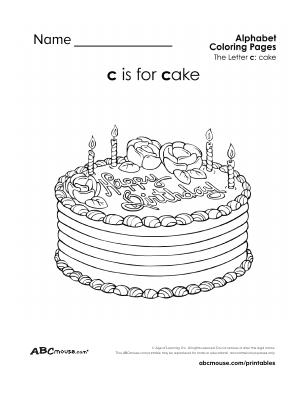 Free printable c is for cake coloring page worksheet from ABCmouse.com. 