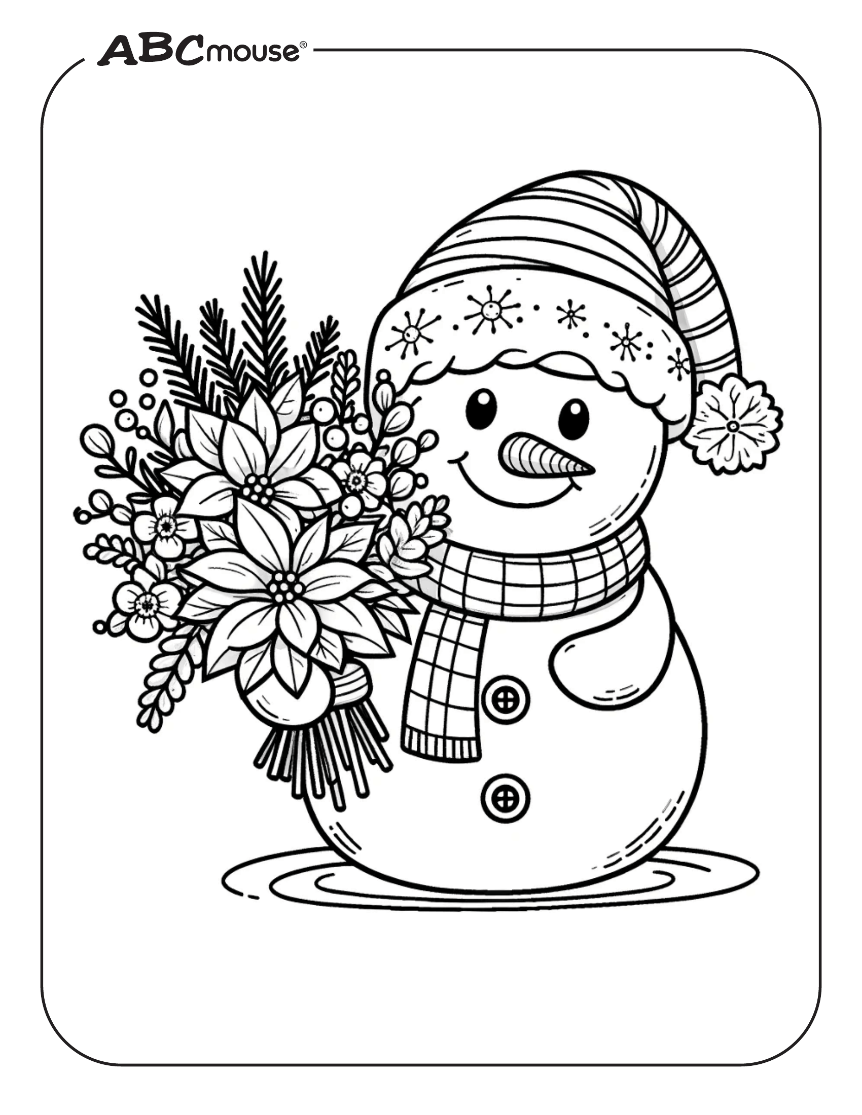 Free printable snowman with bouquet coloring page. 
