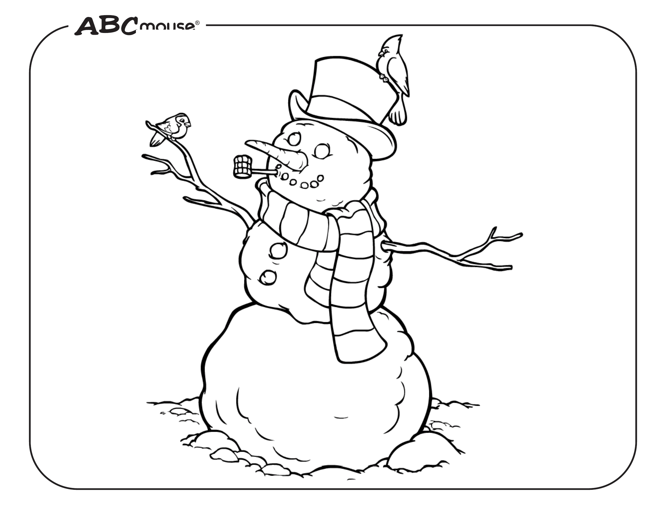 Free printable snowman with hat coloring page. 