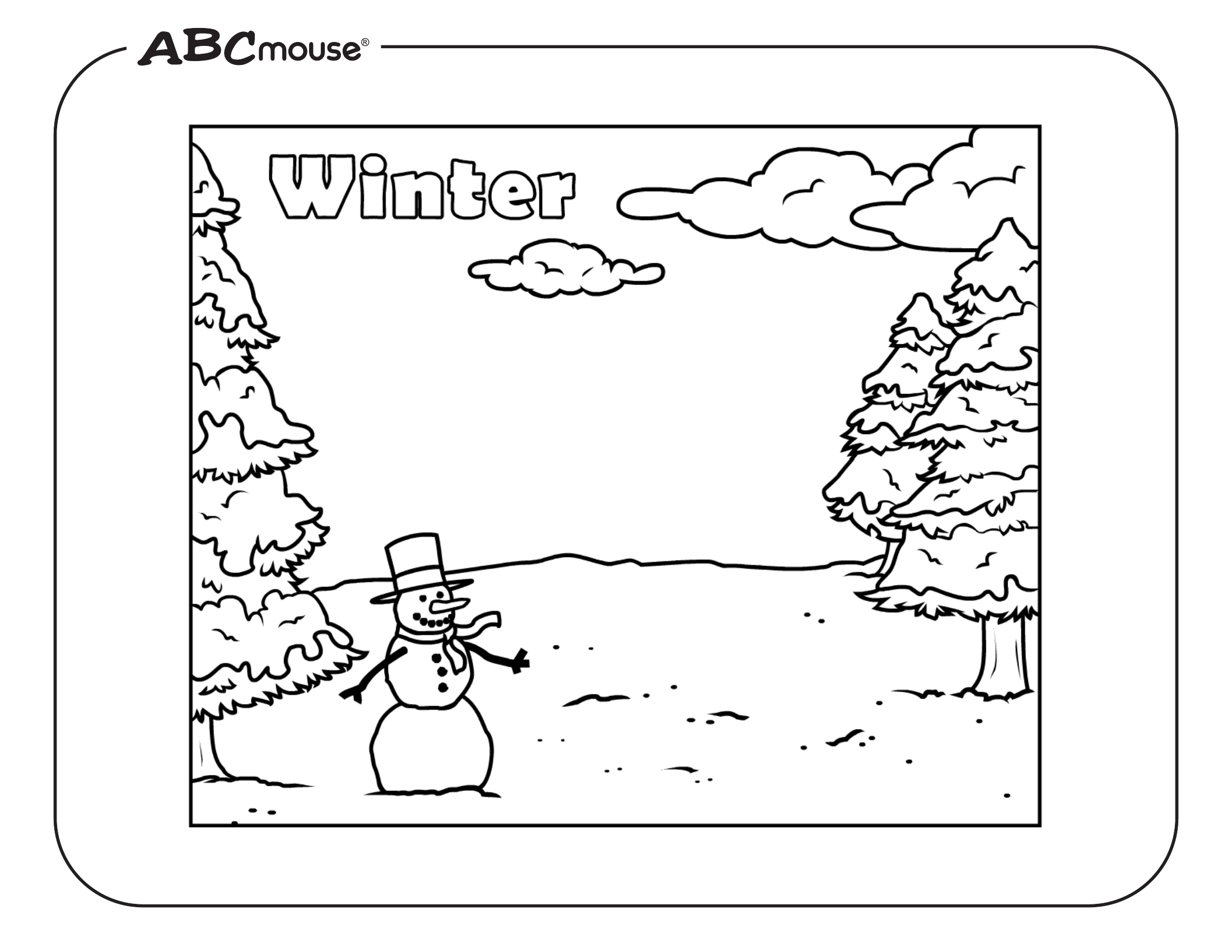 Free printable snowman in a winter scene coloring page. 