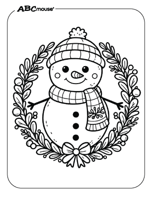 Free printable snowman with wreath coloring page. 