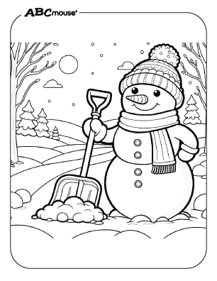 Free printable snowman shoveling coloring page. 