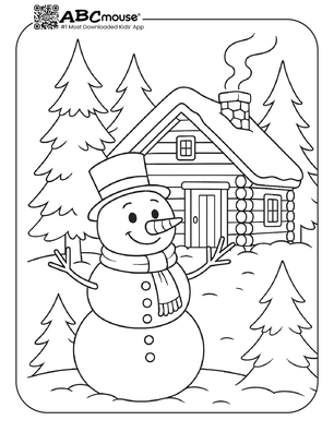 Free printable snowman in front of a cabin coloring page. 