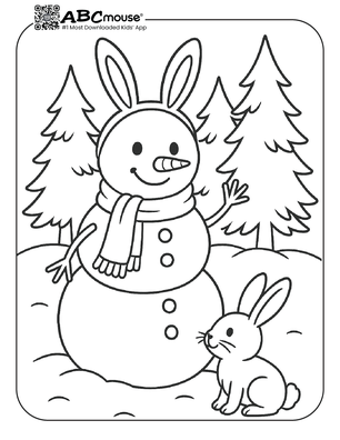 Free printable snowman with bunny coloring page. 