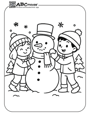 Free printable children making snowman coloring page. 