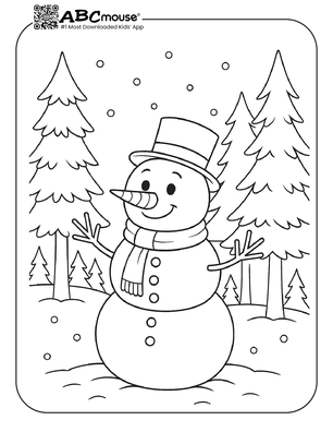 Free printable snowman in the forest coloring page. 
