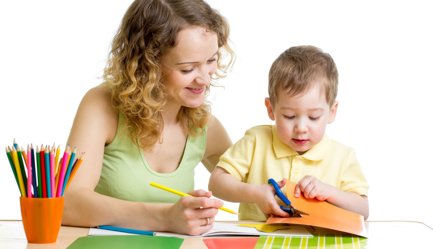 Mother and son doing an activity together. 