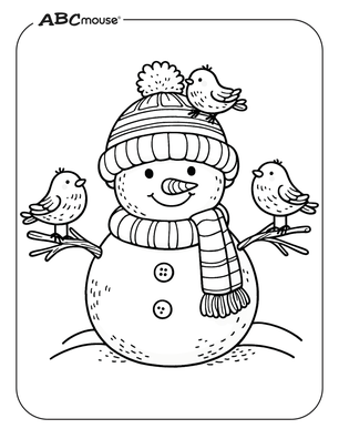 Free printable snowman with birds coloring page. 