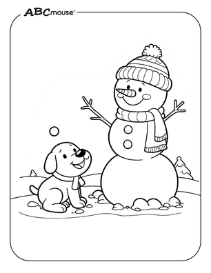 Free printable snowman with dog coloring page. 