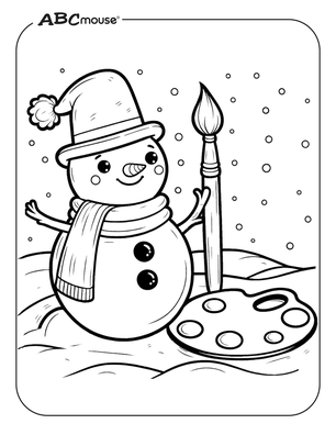 Free printable snowman with painting coloring page. 