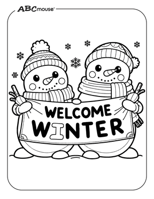 Free printable snowmen with welcome winter sign coloring page. 