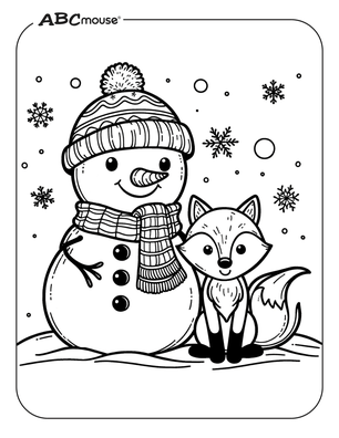 Free printable snowman with fox coloring page. 