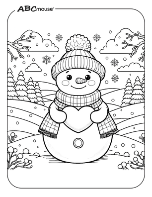 Free printable snowman holding heart coloring page. 