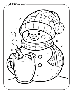 Free printable snowman with hot cocoa coloring page. 