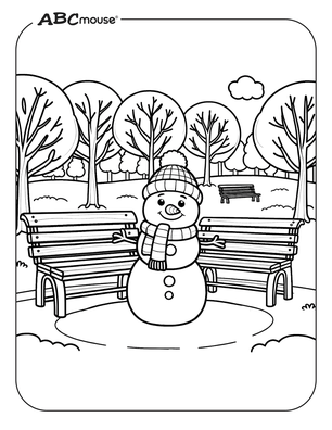 Free printable snowman near park bench coloring page. 