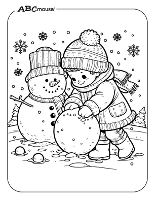 Free printable snowman with child coloring page. 