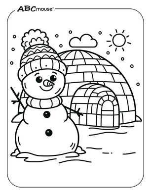 Free printable snowman in front of igloo coloring page. 