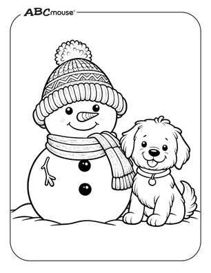 Free printable snowman with dog coloring page. 