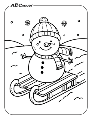Free printable snowman on sled coloring page. 