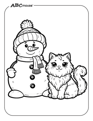 Free printable snowman with cat coloring page. 