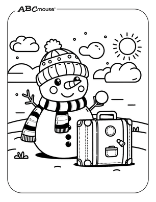 Free printable snowman going on vacation coloring page. 
