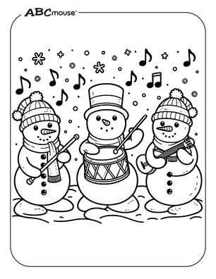 Free printable snowmen playing music coloring page. 