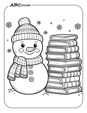 Free printable snowman next to a stack of books coloring page. 