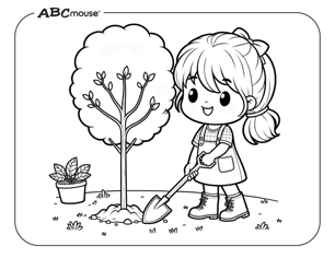Girl planting tree free printable earth day coloring page. 