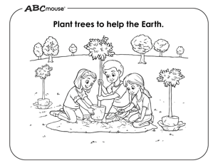 Plant trees to help the earth free printable earth day coloring page. 