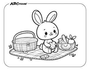 Free printable Easter bunny having a picnic coloring page from ABCmouse.com. 