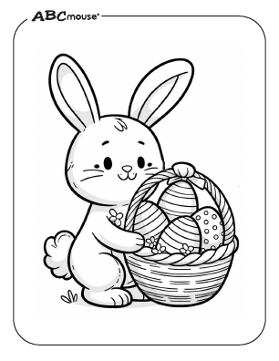 Free printable Easter bunny holding a basket of eggs coloring page from ABCmouse.com. 