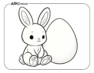 Free printable Easter bunny sitting next to a plain Easter egg coloring page from ABCmouse.com. 