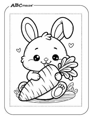 Free printable Easter bunny holding a carrot coloring page from ABCmouse.com. 
