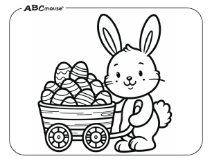 Free printable Easter bunny with a wagon full of eggs coloring page from ABCmouse.com. 