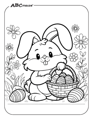 Free printable Easter bunny holding a basket of eggs coloring page from ABCmouse.com. 