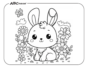 Free printable Easter bunny with flowers coloring page from ABCmouse.com. 